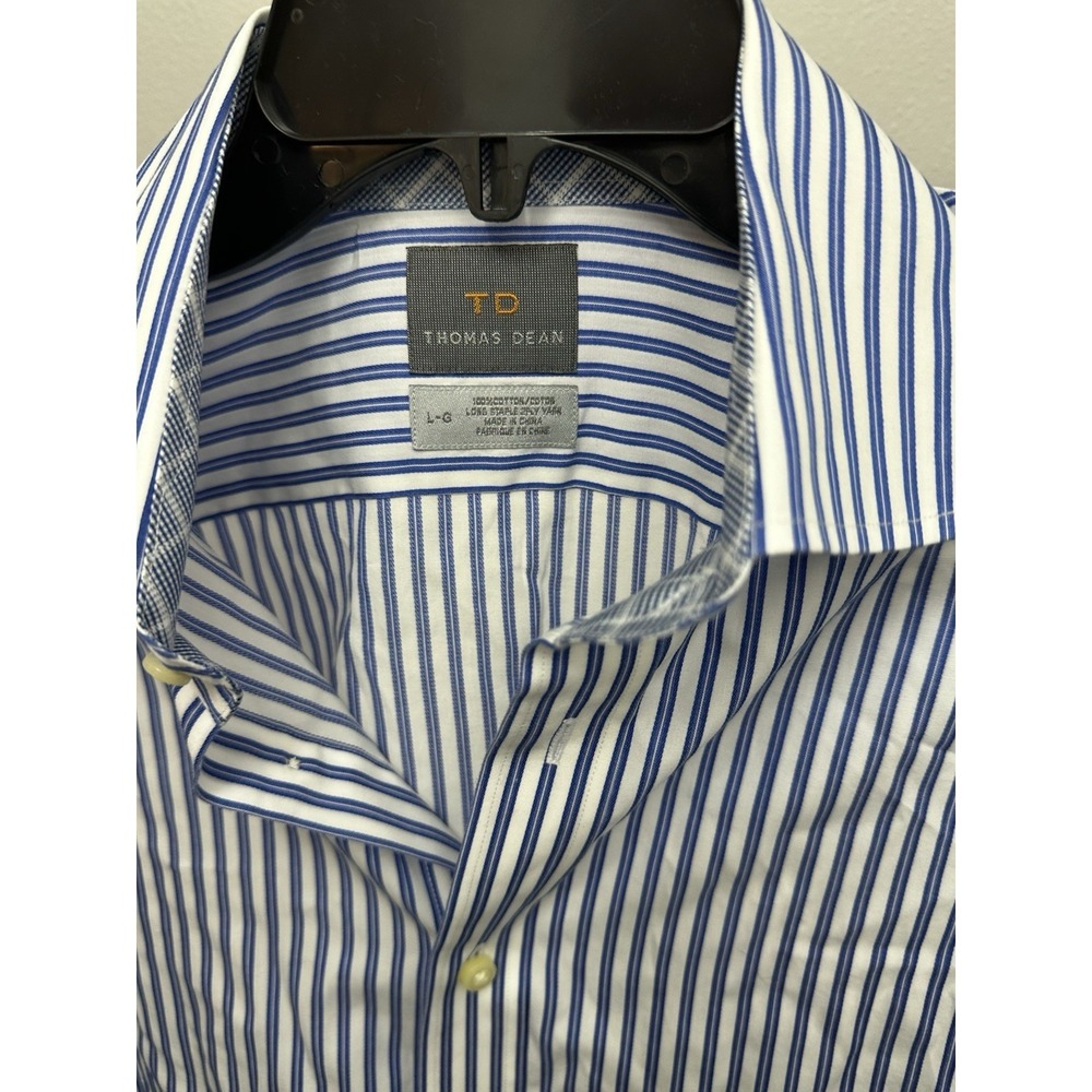 TD Thomas Dean Mens Gray Blue Striped Button Front Dress Shirt Size Large Office - Picture 3 of 5